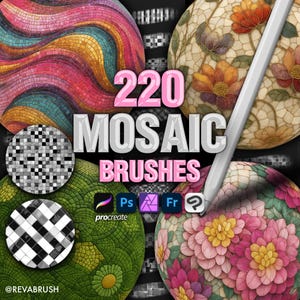 May include: A digital collection of 220 mosaic brushes for Procreate, Photoshop, Affinity, Fresco, and Clip Studio Paint. The display features circular samples of colorful wavy, floral, and geometric tile patterns alongside a white stylus.