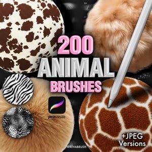 Puede incluir: Una colección digital de 200 pinceles de animales para Procreate con varias texturas de piel y pelaje como manchas de vaca, rayas de cebra, manchas de leopardo y patrones de jirafa. Un lápiz blanco descansa sobre una esfera con el texto 200 ANIMAL BRUSHES.