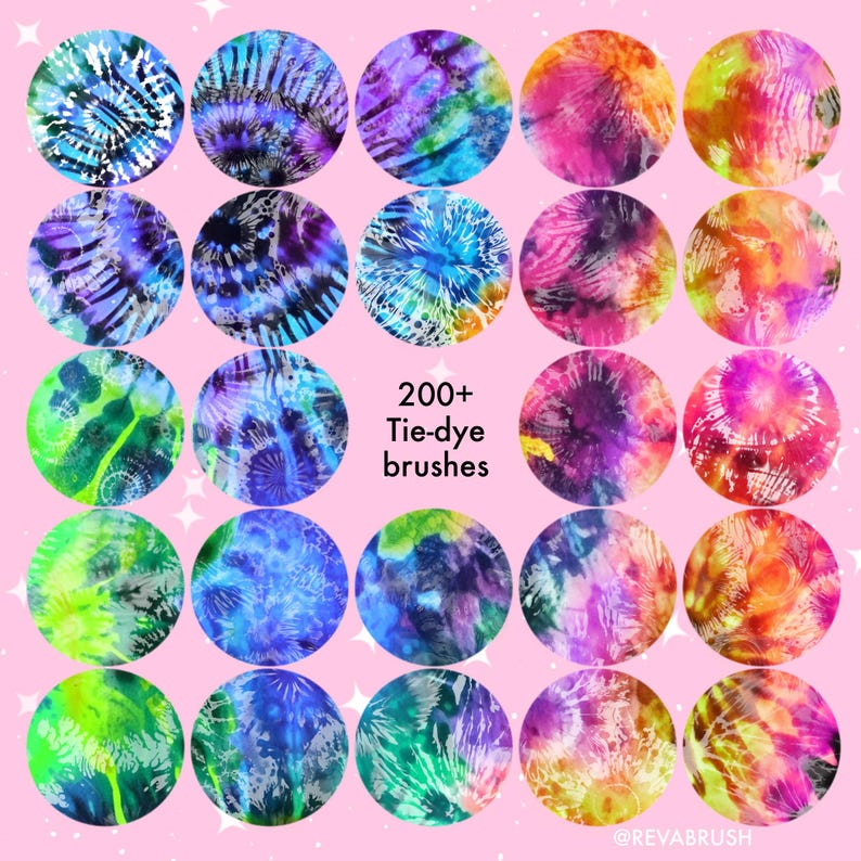 Op de afbeelding: Een verzameling van vierentwintig cirkelvormige stalen met diverse tie-dye patronen in levendige kleuren zoals blauw, paars, groen, roze en oranje. De tekst 200+ Tie-dye brushes staat gecentreerd tussen de cirkels op een roze achtergrond.