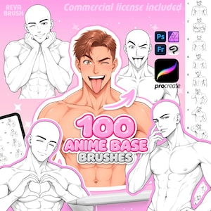 May include: A digital art brush set featuring 100 anime-style male character bases. The image displays multiple line-art and colored character poses, including figures with winking expressions, hand gestures, and muscular torsos, with software icons for Procreate, Photoshop, and Fresco.