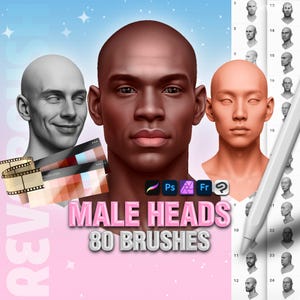 May include: Digital art illustration featuring three male head models with varying skin tones. The image includes a color palette, a digital pen, and the text "MALE HEADS 80 BRUSHES". The background has a gradient of pink and blue with white stars.