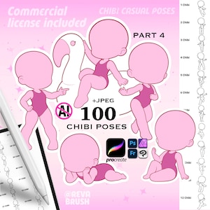 Pode incluir: Uma folha de referência de arte digital com 100 poses chibi casuais, incluindo cinco grandes contornos de personagens rosa com trajes de banho rosa escuro. O texto inclui Commercial license included, Chibi Casual Poses Part 4, +JPEG, 100 Chibi Poses e ícones de software.
