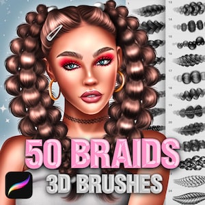 Puede incluir: Una ilustración digital de una mujer con trenzas largas marrones. La imagen incluye el texto "50 BRAIDS 3D BRUSHES".