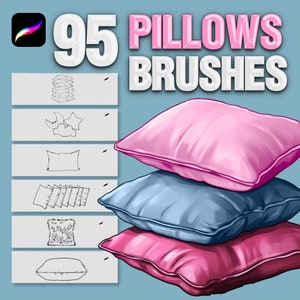 Puede incluir: 95 pinceles de almohada para arte digital. La imagen muestra una pila de tres almohadas, una rosa, una azul y una rosa. Las almohadas están dispuestas en forma de pirámide. La imagen también muestra un conjunto de cinco dibujos de línea en blanco y negro de almohadas.