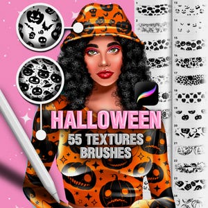 May include: A digital illustration featuring a person wearing an orange bucket hat and long-sleeve top with black pumpkin patterns. The text reads HALLOWEEN 55 TEXTURES BRUSHES. Includes circular close-up views of brush patterns and a vertical list of numbered brush samples.