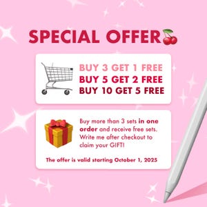 Pu&ograve; includere: Grafica promozionale rosa con il testo "OFFERTE SPECIALI" e un'illustrazione di ciliegie. Le offerte includono "ACQUISTA 3 PRENDI 1 GRATIS", "ACQUISTA 5 PRENDI 2 GRATIS" e "ACQUISTA 10 PRENDI 5 GRATIS".