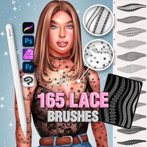 May include: Digital artwork showing a woman with brown hair and blue eyes, decorated with lace-patterned tattoos. The image includes a stylus, software icons, and a display of 165 lace brushes, with the text "165 LACE BRUSHES" in pink.