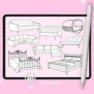 Puede incluir: Ilustraci&oacute;n digital de varios muebles, incluyendo sof&aacute;s, una chaise longue y camas. La imagen se muestra en una tableta con un l&aacute;piz &oacute;ptico, sobre un fondo rosa con acentos de estrellas. La marca de agua @REVABRUSH es visible.