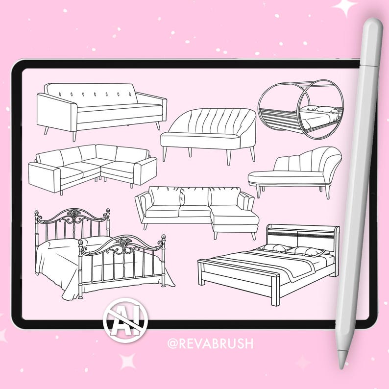 Puede incluir: Ilustraci&oacute;n digital de varios muebles, incluyendo sof&aacute;s, una chaise longue y camas. La imagen se muestra en una tableta con un l&aacute;piz &oacute;ptico, sobre un fondo rosa con acentos de estrellas. La marca de agua @REVABRUSH es visible.