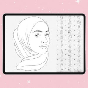 Puede incluir: Una pantalla de tableta digital que muestra una ilustraci&oacute;n de arte lineal en blanco y negro de una persona con hiyab. A la derecha del retrato principal, hay una cuadr&iacute;cula que contiene treinta y seis bocetos lineales numerados de varios estilos de hiyab.