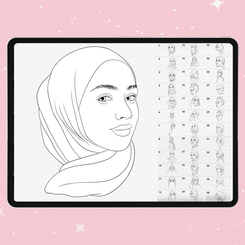 Puede incluir: Una pantalla de tableta digital que muestra una ilustraci&oacute;n de arte lineal en blanco y negro de una persona con hiyab. A la derecha del retrato principal, hay una cuadr&iacute;cula que contiene treinta y seis bocetos lineales numerados de varios estilos de hiyab.