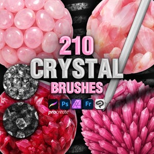 May include: Digital art graphic featuring the text "210 CRYSTAL BRUSHES" in white and pink. The image includes various crystal textures in pink, red, and gray, along with the Procreate, Photoshop, and other software icons.