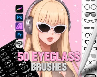 May include: A digital illustration of a blonde character wearing white cat-eye sunglasses and grey headphones. The image features a collection of 50 eyeglass brush designs displayed in a grid and a list, alongside software icons and a stylus.