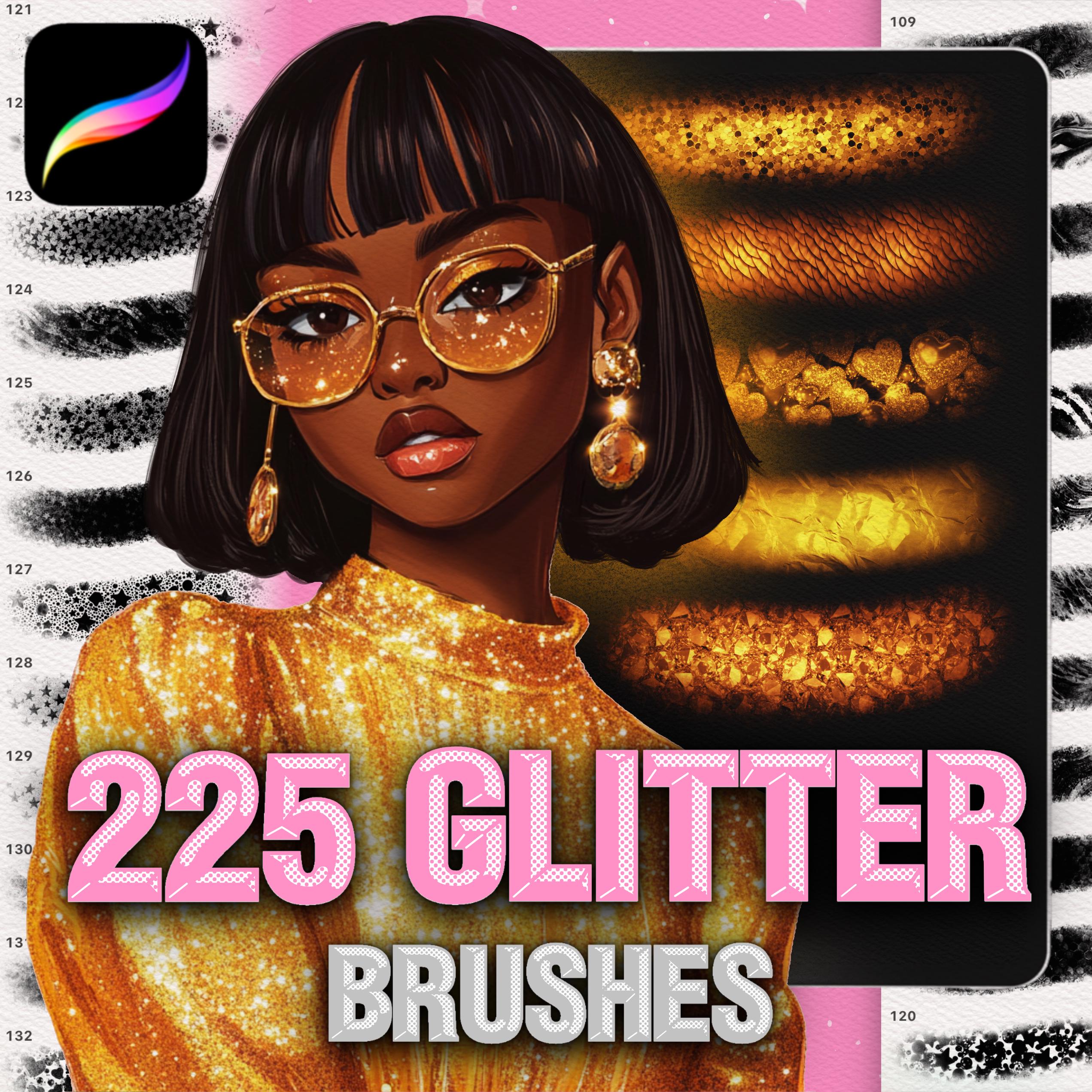 Set de pinceles Procreate Glitter & Shimmer – 225 pinceles de texturas metálicas doradas y brillantes para lettering y arte