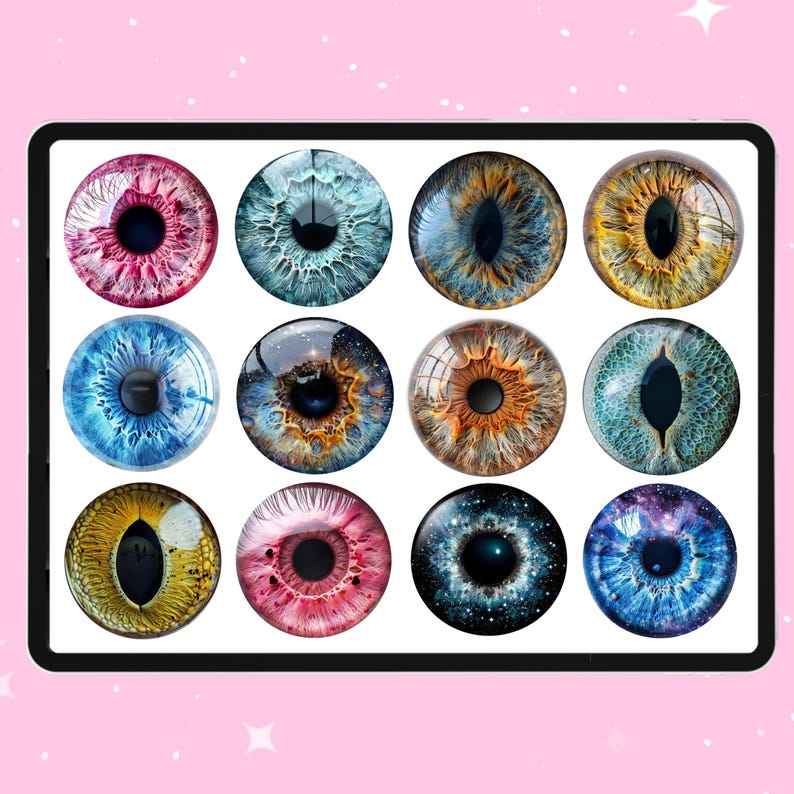 May include: A set of 12 colorful eye-shaped resin cabochons with various designs, including galaxy, iris, and abstract patterns.