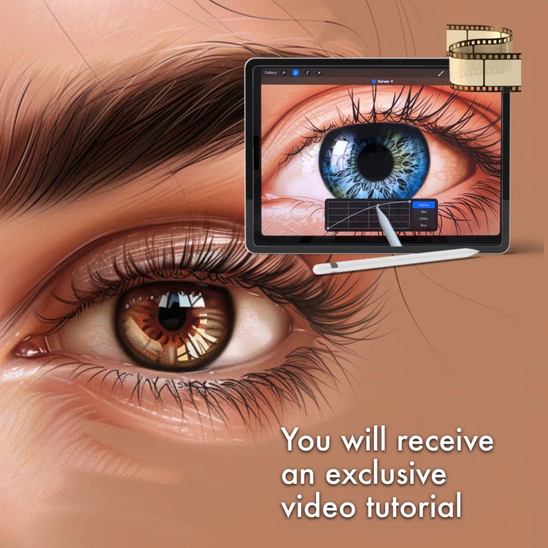May include: A close-up of a brown eye with a tablet screen showing a blue eye with a digital drawing app. The text "You will receive an exclusive video tutorial" is below the image.