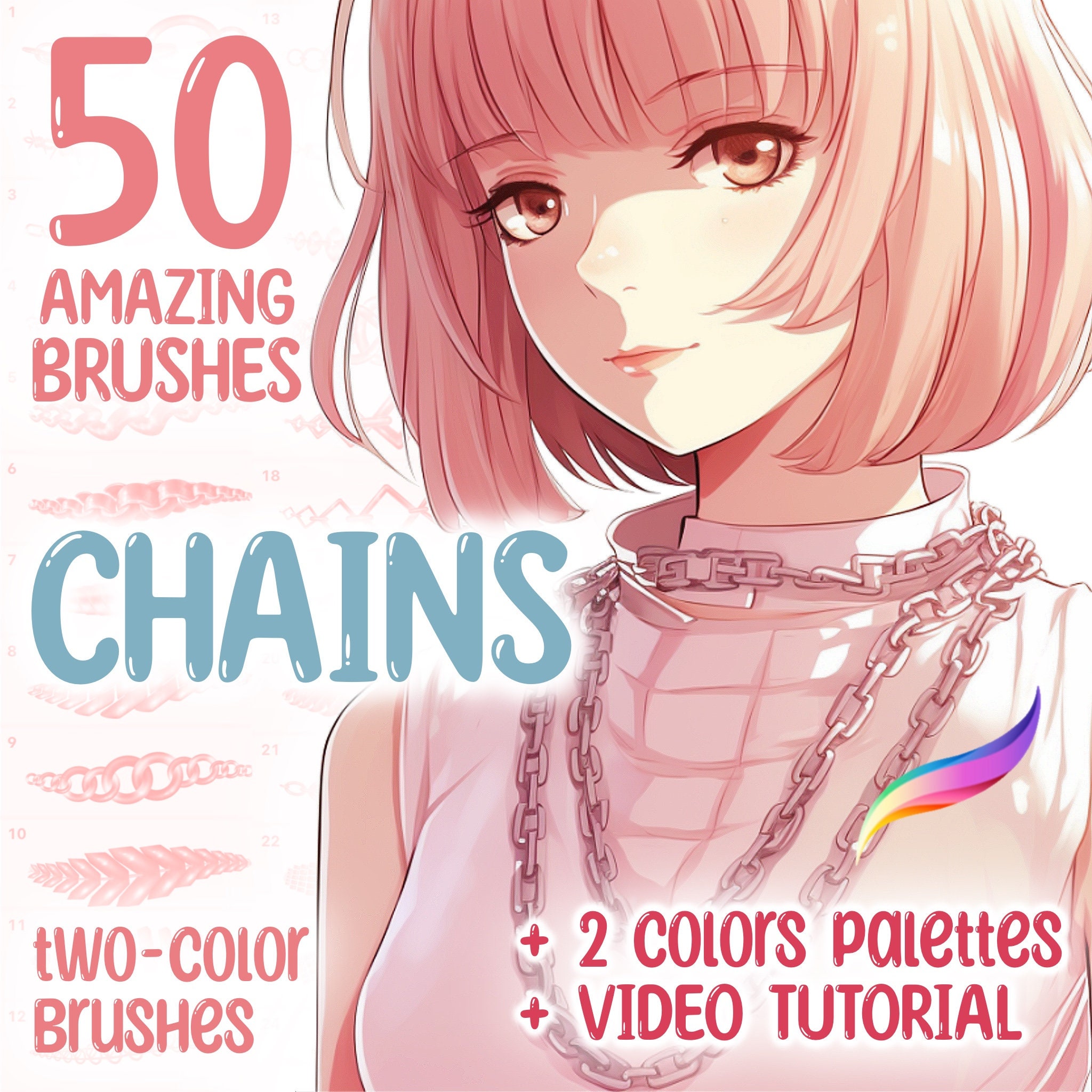 Procreate Chain Brushes Set with 50 Dual-Color Stamps, 2 Palettes & Video Tutorial