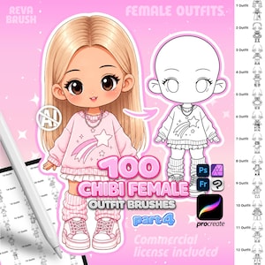 May include: A digital art brush set titled 100 Chibi Female Outfit Brushes Part 4, featuring a blonde chibi character in a pink star-patterned sweater, a line-art version of the same outfit, and a list of 12 numbered outfit options.