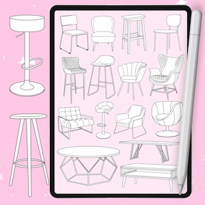 Puede incluir: Ilustraci&oacute;n digital de varios muebles, incluyendo sillas, taburetes y mesas. La colecci&oacute;n presenta una variedad de dise&ntilde;os, desde taburetes simples hasta sillones y mesas de centro. El arte lineal es en blanco y negro, sobre un fondo rosa.