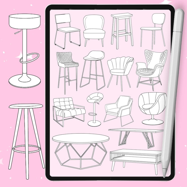 Puede incluir: Ilustraci&oacute;n digital de varios muebles, incluyendo sillas, taburetes y mesas. La colecci&oacute;n presenta una variedad de dise&ntilde;os, desde taburetes simples hasta sillones y mesas de centro. El arte lineal es en blanco y negro, sobre un fondo rosa.