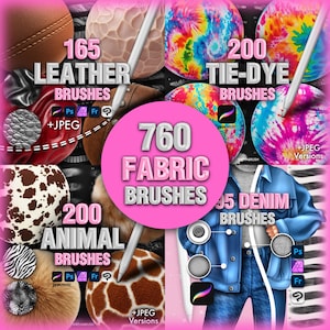 Könnte beinhalten: Eine digitale Sammlung von 760 Stoffpinseln mit 165 Leder-, 200 Batik-, 200 Tier- und 95 Jeanspinseln. Die Anzeige enthält visuelle Texturbeispiele, Software-Symbole für Photoshop, Procreate und Fresco sowie JPEG-Versionen für die Verwendung.
