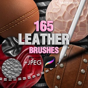 Op de afbeelding: Een digitale collectie van 165 lederen penselen voor Procreate en JPEG-bestanden. De afbeelding toont verschillende leersoorten, waaronder glad bruin, getextureerd beige, zwart, grijze reptielenhuid en bruin leer met metalen noppen en een stylus.