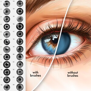May include: A close-up comparison of a human eye drawn with and without digital brushes. The left side of the image shows the eye with detailed brushstrokes, while the right side shows a more basic rendering. The text "with brushes" and "without brushes" is visible below each side of the eye.