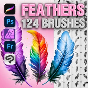 May include: A set of 124 digital feather brushes for Adobe Photoshop, Illustrator, Procreate, and Clip Studio Paint. The image shows three large feather brushes in purple, rainbow, and blue colors, and a grid of 48 smaller black and white feather brushes.