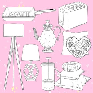 Puede incluir: Ilustraci&oacute;n en blanco y negro de varios art&iacute;culos de decoraci&oacute;n del hogar, que incluyen una plancha, una tostadora, una l&aacute;mpara de pie, una l&aacute;mpara de mesa, una tetera, una almohada en forma de coraz&oacute;n, una prensa francesa y almohadas apiladas.