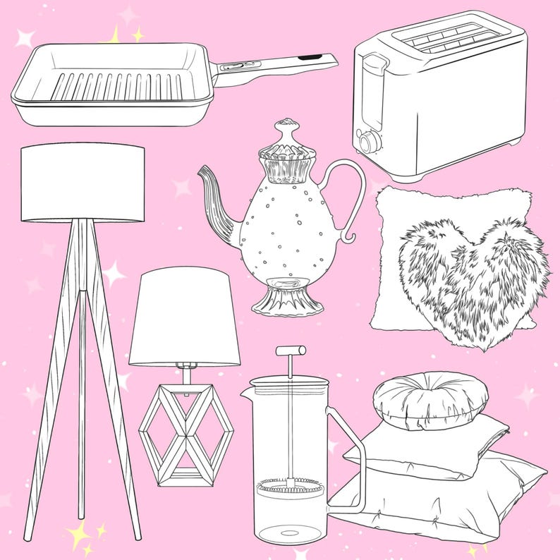 Puede incluir: Ilustraci&oacute;n en blanco y negro de varios art&iacute;culos de decoraci&oacute;n del hogar, que incluyen una plancha, una tostadora, una l&aacute;mpara de pie, una l&aacute;mpara de mesa, una tetera, una almohada en forma de coraz&oacute;n, una prensa francesa y almohadas apiladas.