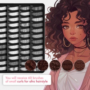 May include: Digital illustration of a woman with brown curly hair and gold hoop earrings. The image showcases 60 brushes for afro hairstyles, displaying different curl textures. The text at the bottom says: "You will receive 60 brushes of small curls for afro hairstyle."