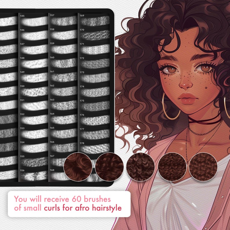 May include: Digital illustration of a woman with brown curly hair and gold hoop earrings. The image showcases 60 brushes for afro hairstyles, displaying different curl textures. The text at the bottom says: "You will receive 60 brushes of small curls for afro hairstyle."
