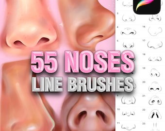 May include: A digital art resource titled 55 NOSES LINE BRUSHES featuring various rendered nose illustrations in pink tones and a sidebar displaying a numbered list of black and white line art nose sketches for use in digital drawing software.