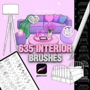 Procreate 635 Interior Furniture Stamp Brushes — Table, Chair, Bed, Kitchen, Pillow