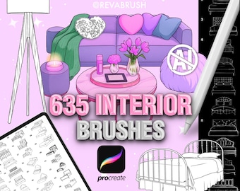 Pinceles de sellos para muebles de interior Procreate 635: mesa, silla, cama, cocina, almohada.
