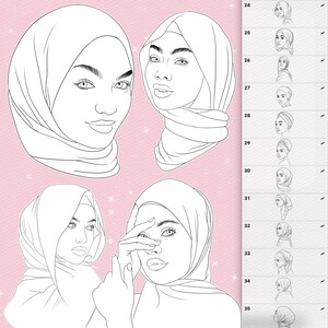 Puede incluir: Una p&aacute;gina para colorear digital con cuatro ilustraciones de arte lineal de personas que usan hiyab, sobre un fondo rosa claro con sutiles patrones de estrellas. Una barra lateral vertical a la derecha muestra una lista numerada del 24 al 35 con miniaturas.