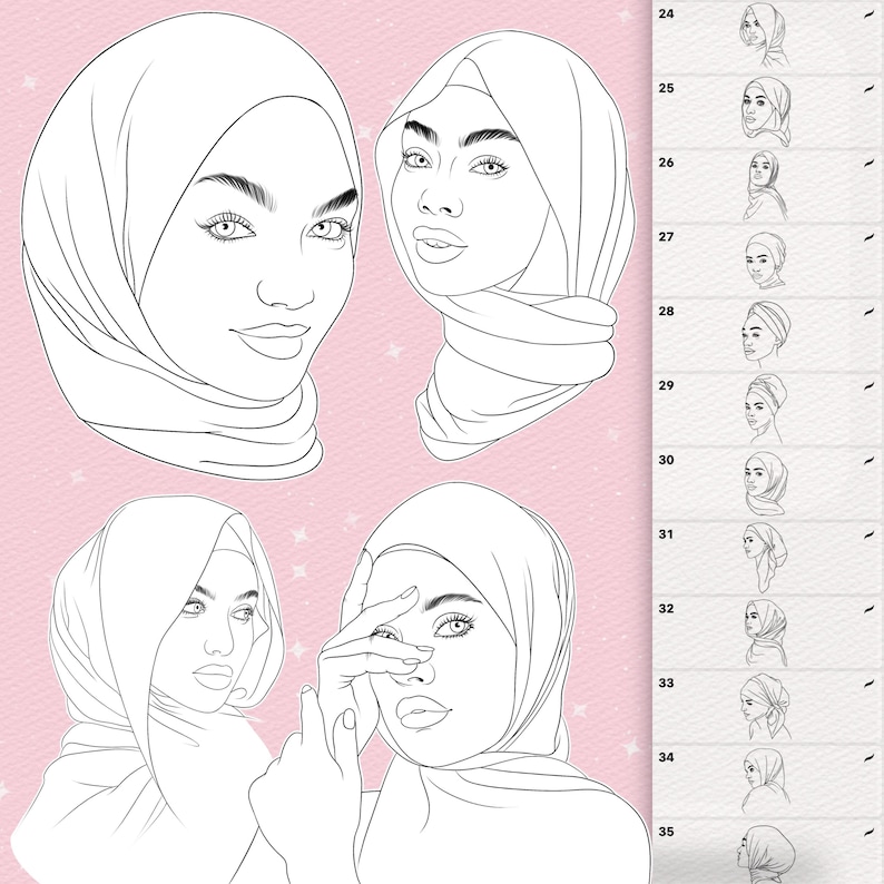 Puede incluir: Una p&aacute;gina para colorear digital con cuatro ilustraciones de arte lineal de personas que usan hiyab, sobre un fondo rosa claro con sutiles patrones de estrellas. Una barra lateral vertical a la derecha muestra una lista numerada del 24 al 35 con miniaturas.