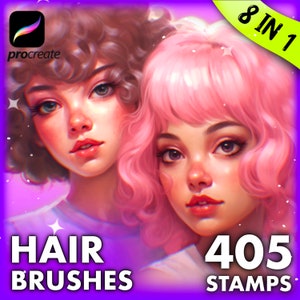 May include: Two digital illustrations of women with different hairstyles. One woman has brown curly hair and the other has pink curly hair. The text "HAIR BRUSHES" is in the lower left corner and "405 STAMPS" is in the lower right corner. The text "8 IN 1" is in the upper right corner.