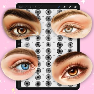 May include: A digital drawing app interface with a grid of different eye designs. The app has a gallery of eye designs, numbered from 66 to 115. The app also has a toolbar with tools for drawing and editing.
