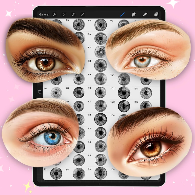 May include: A digital drawing app interface with a grid of different eye designs. The app has a gallery of eye designs, numbered from 66 to 115. The app also has a toolbar with tools for drawing and editing.