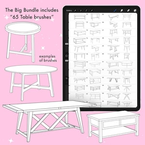 Puede incluir: Ilustraci&oacute;n de un paquete de arte digital con 65 pinceles de mesa. La imagen incluye ejemplos de los pinceles, como mesas redondas y rectangulares, y una tableta que muestra las opciones de pinceles. El texto dice "The Big Bundle includes '65 Table brushes' examples of brushes."