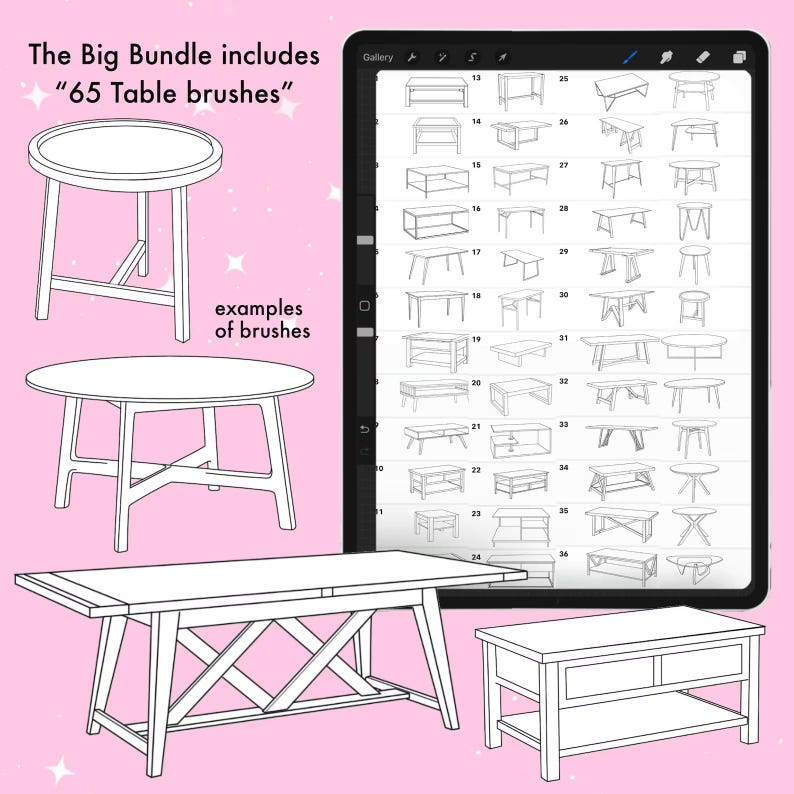 Puede incluir: Ilustraci&oacute;n de un paquete de arte digital con 65 pinceles de mesa. La imagen incluye ejemplos de los pinceles, como mesas redondas y rectangulares, y una tableta que muestra las opciones de pinceles. El texto dice "The Big Bundle includes '65 Table brushes' examples of brushes."