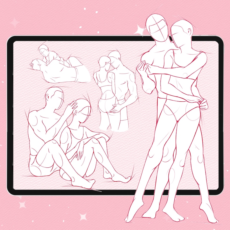 Pode incluir: Ilustra&ccedil;&atilde;o de desenho de linha de quatro casais diferentes em v&aacute;rias poses sobre um fundo rosa. Os casais s&atilde;o desenhados em um estilo simples sem tra&ccedil;os faciais.