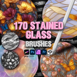 Op de afbeelding: Digitale kunstpenselen voor Procreate, Photoshop en Fresco. De afbeelding toont de tekst "170 STAINED GLASS BRUSHES" met kleurrijke glas-in-lood ontwerpen en een digitale pen. De afbeelding bevat ook de logo's van Procreate, Photoshop en Fresco.