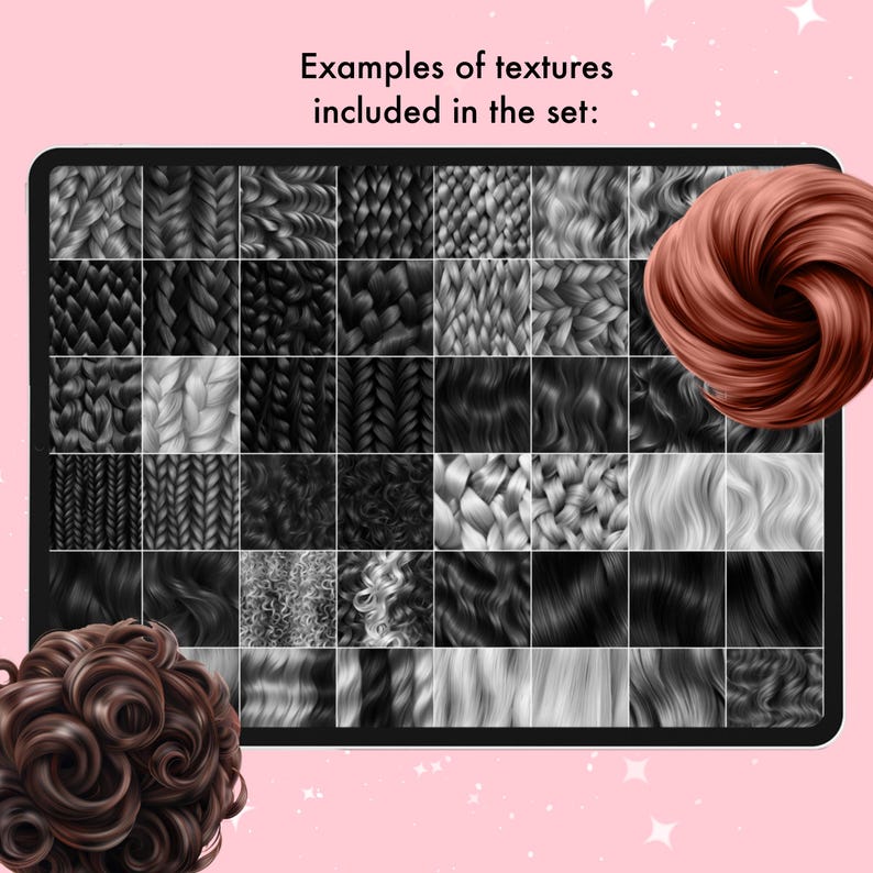 May include: A digital art display showing examples of hair textures in monochrome shades. The image showcases various styles, including braids, waves, and curls. The text at the top reads, "Examples of textures included in the set:" with two examples of hair.