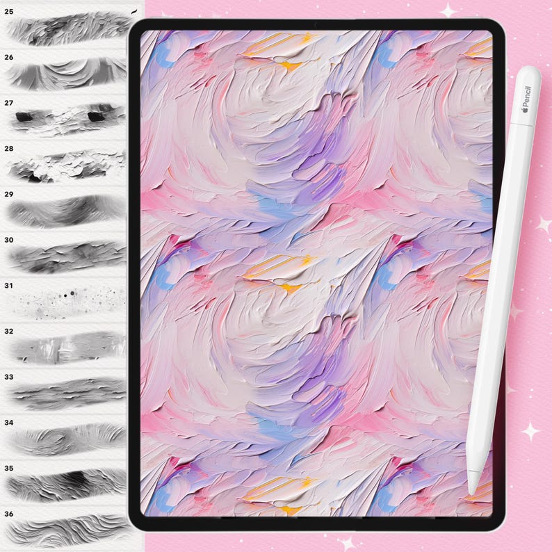 Puede incluir: Una tableta digital que muestra una pintura abstracta pastel con gruesas pinceladas en rosa, morado, azul y amarillo. Un l&aacute;piz &oacute;ptico blanco descansa en el lado derecho de la tableta. El lado izquierdo muestra una selecci&oacute;n de pinceles digitales.