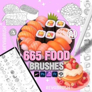 Pinceles de comida para Procreate, Photoshop, CSP y Affinity Photo: pasteles, sushi, frutas y bollería.