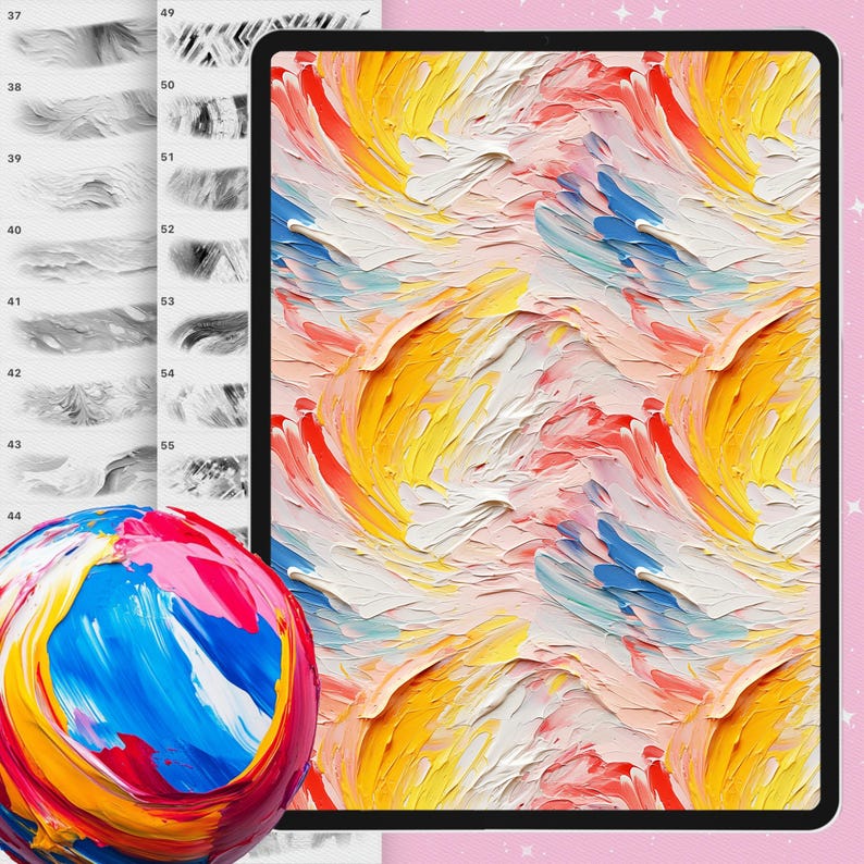 Puede incluir: Una exhibici&oacute;n de arte digital con una pintura abstracta vibrante con pinceladas audaces en amarillo, rojo, azul y blanco. Tambi&eacute;n se ve una esfera colorida y pinceles digitales.