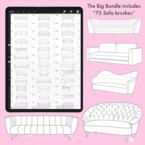 Puede incluir: Un paquete de arte digital que muestra 75 pinceles de sof&aacute;. La imagen muestra una tableta con varios dise&ntilde;os de sof&aacute;s, junto con ejemplos de los pinceles. El texto dice "The Big Bundle includes '75 Sofa brushes'".