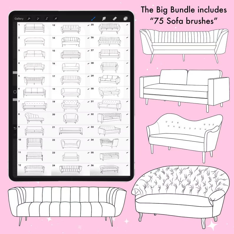 Puede incluir: Un paquete de arte digital que muestra 75 pinceles de sof&aacute;. La imagen muestra una tableta con varios dise&ntilde;os de sof&aacute;s, junto con ejemplos de los pinceles. El texto dice "The Big Bundle includes '75 Sofa brushes'".